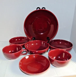 7 Pc Vintage Set Homer Laughlin RHYTHM Burgundy Bowls Cups Serving Bowl 1950-60s - Picture 1 of 8