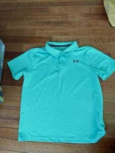 Under Armour Boys Large YLG Polo Shirt Aqua Loose Fit HeatGear Short Sleeve - Picture 1 of 4