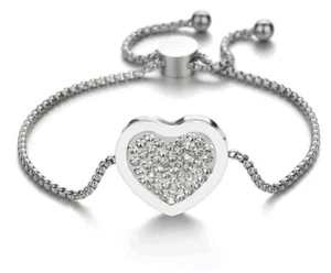 Crystal heart bracelet stainless steel pave heart valintines free gift box 921 - Picture 1 of 4