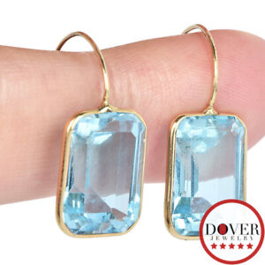 Estate 14.50cts Blue Topaz 10K Gold Emerald Cut Hook Drop Earrings NR