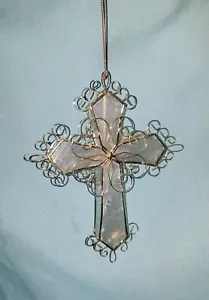 Vintage 3D Golden Wire & Faux Shell Cross Christmas Ornament Christian Symbol - Picture 1 of 3