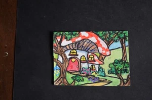 ACEO ORIGINAL ART CARDS Watercolor mixed media Mushroom House 3 signed - Picture 1 of 3