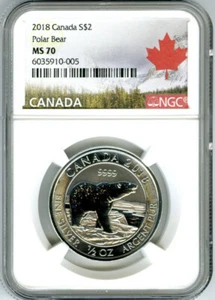 2018 $2 CANADA 1/2OZ .9999 SILVER NGC MS70 POLAR BEAR - Picture 1 of 3