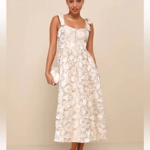 Lulus Women's Large Unique Beauty Cream Floral Tie Strap Midi Dress Pockets Gold - Picture 1 of 16