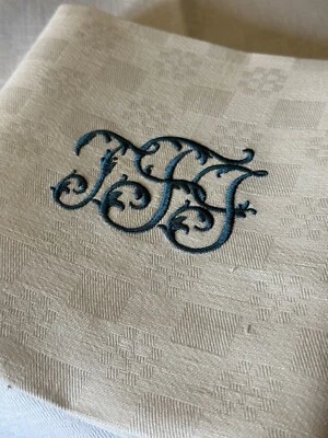 6 serviettes anciennes 1930 tissu Damas damier broderie monogramme 3 lettres - Photo 1/4