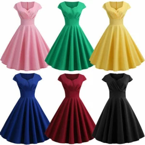 Women 50s 60s Vintage Rockabilly Swing Dress V Neck Evening Party Gown Dresses - Picture 1 of 40