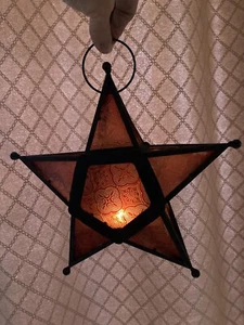 Star Colored Glass Candle Holder Tomato Red Etched Hanging Lantern 10” - Picture 1 of 12