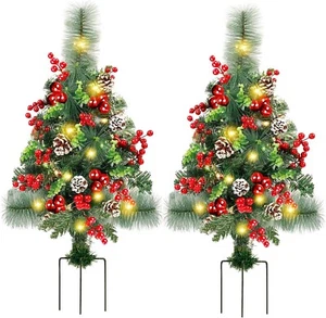 2 PCS 30 Inch Pre-Lit Pathway Christmas Trees Outdoor Decorations 66 LED Light - Picture 1 of 9