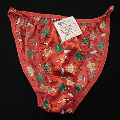 NEW Sears TRUE VTG 90s X-Mas Polyester Satin String Bikini Panty MEDIUM - Image 1 of 4