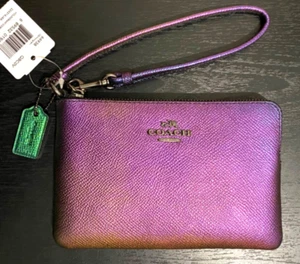 COACH Hologram Corner Zip Wristlet Leather Wallet Purple Green Blue 64938 NWT - Picture 1 of 19