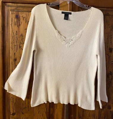 The Limited, 100% algodón marfil punto suéter con inserción de encaje - grande Foto 1 de 4