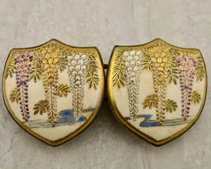 Antique Meiji-period Japanese Satsuma painted Wisteria floral buckle pair signed - Picture 1 of 9