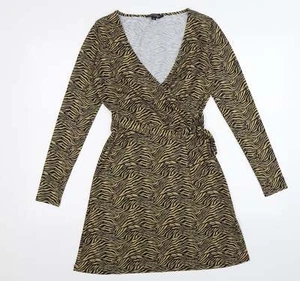 Miss Selfridge Womens Brown Animal Cotton Blend Wrap Dress Size 6 V-Neck Tie - z - Picture 1 of 12
