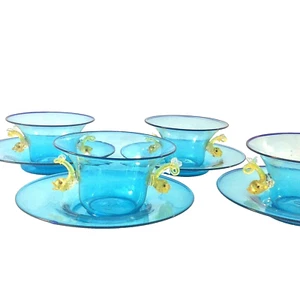 MURANO ITALY GLASS COMPOTE BOWL PLATE SET 4 W 2 SETS AVAIL DOLPHIN HANDLE BLU YE - Picture 1 of 12