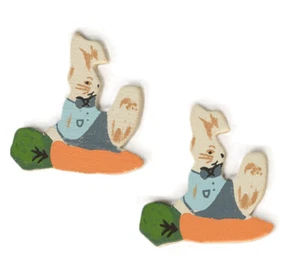 BUNNY w/CARROT BUTTON EARRINGS-Wood Country Garden Easter Rabbit Novelty Jewelry - Picture 1 of 2