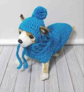 crochet handmade pet hat dog cat sweater pom xs xsmall  breed teal blue new - Picture 1 of 6