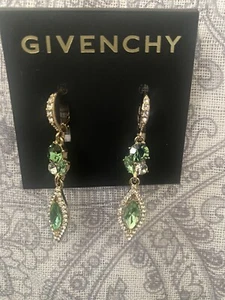 Givenchy Gold-Tone Erinite Crystal Leverback 2” Drop Green & Clear Earrings - Picture 1 of 5