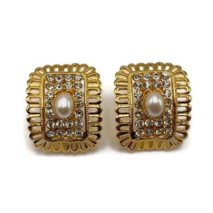 Gold Tone Crystal Rhinestone Faux Pearl Rectangle Openwork Clip On Earrings - Picture 1 of 12