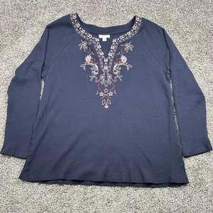 J Jill Damen Waffel Strick Tunika Top Large blau bestickt Boho Freizeit kuschelig - Bild 1 von 5