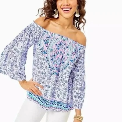 Lilly Pulitzer Nevie Bare Shoulder Blouse Top, White/Blue/Pink, Size S, NWT - Image 1 of 4