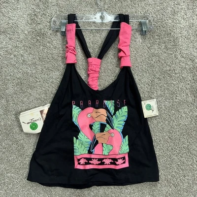 Camiseta sin mangas negra Paradise Flamingo con gráfico para mujer talla mediana correas con volantes Foto 1 de 4