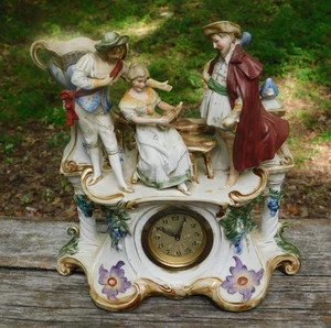 9.8" Antique Camille Naudot Mantle Clock Grapes Figures Porcelain French German - Picture 1 of 6