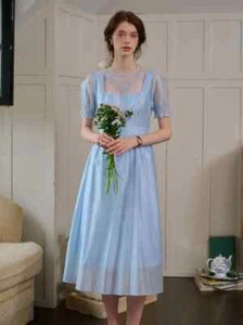 Ariella Round Neck Mesh Embroidered Puff Sleeve Dress- Light Blue Size Medium - Picture 1 of 11