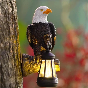 Eagle Tree Hugger with Solar Lantern - 8 Inch Resin Eagle Statue for Outdoor Gar - Picture 1 of 12