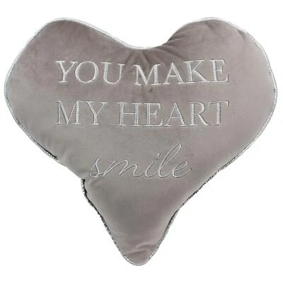 Heart Cushion Grey Velour with Wording 'You make my heart smile' - Image 1 of 2