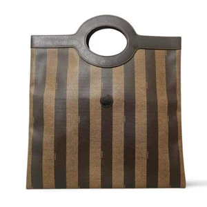 Vintage FENDI classic pecan stripe pattern shopper tote bag with black leather - Picture 1 of 10