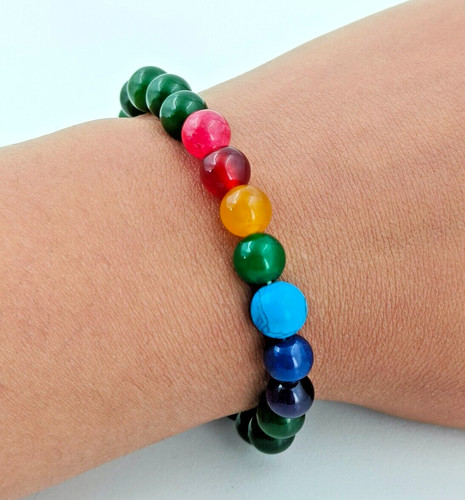 VALENTINO 7 Chakra Perline Gemma Verde Fatto a mano Guarigione Reiki Meditazione Yoga