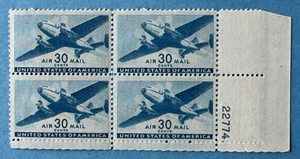 US Stamps Scott C30 airmail 30c plate block Twin Motor Plane 1941 M/NH Fresh - Picture 1 of 3