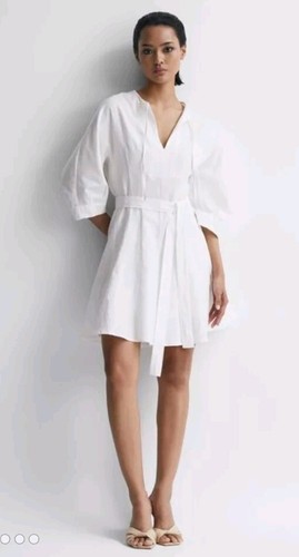 OFF WHITE ABITO ESTIVO NUOVO CON ETICHETTE REISS OFF BIANCO LINO MISTO COTONE CINTURA RILASSATA TAGLIA UK 10