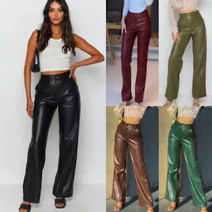 UK Womens FAUX Leather Pants High Waist Pockets Straight Legs Trousers PLUS SIZE - Picture 1 of 16