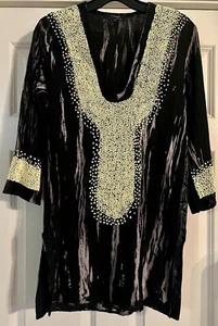 T-Bags Los Angeles Bohemian Tiny Seed Beaded Size M Cotton Textured 3/4 Sleeve - Picture 1 of 13