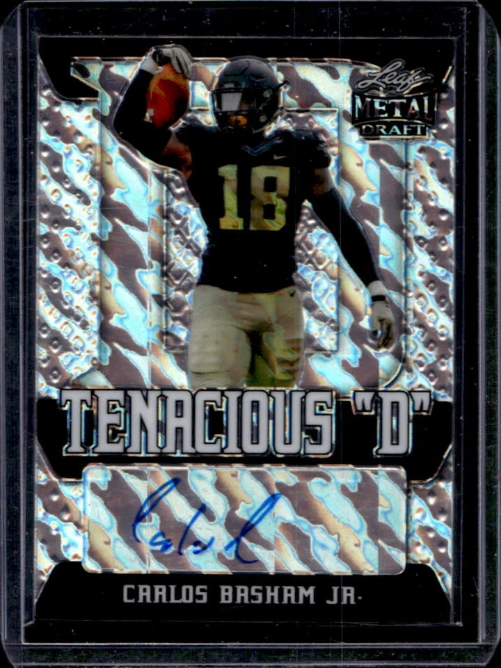 2021 Leaf Metal Draft Carlos Basham Jr. Tenacious D Auto Marbles Silver RC #/60 - Image 1 of 2