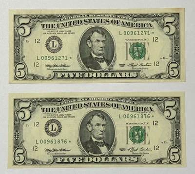 Serie 1993 $5 Dólares Billete Estrella ~ FRN ~ San Francisco (Lote de 2) Foto 1 de 4