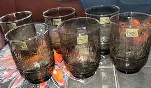 6 Vintage Luminarc Fume Fleur Smoked Glass Tumblers 300ml 1970’s New - Picture 1 of 7