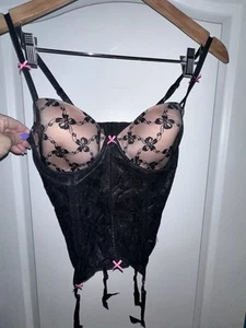 Betsey Johnson Intimates Sexy Black Lace Corset Bustier Garter Lingerie 36C Bows - Picture 1 of 11