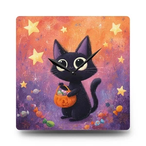 Halloween Black Cat Wall Clock Acrylic Round or Square Décor High-End Durable - Picture 1 of 9