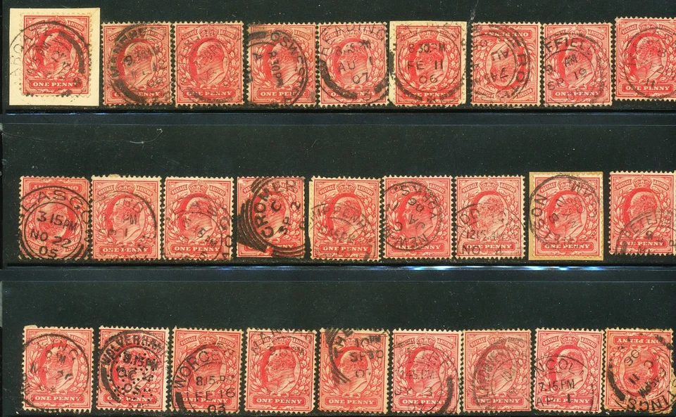 Sellos de Gran Bretaña Sc# 128 1p Eduardo VII Lote de 27 cancelaciones de fecha de ciudad usadas Foto 1 de 1