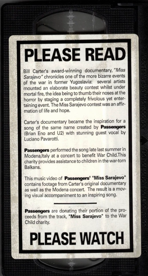Miss Sarajevo by Passengers [U2/Brian Eno] (Promo VHS Tape, 1995) VERY GOOD - Image 1 of 1