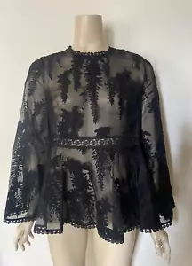 ZIMMERMANN Black Silk Organza Embroidered Peplum Top 2 - Picture 1 of 5