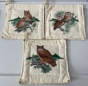Vintage Owl Bird Landscape Trees Set Of Square Quilted Oven Mits (set of 3) - Picture 1 of 8
