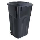 32 Gallon Wheeled Heavy Duty Plastic Garbage Can, Attached Lid, Black