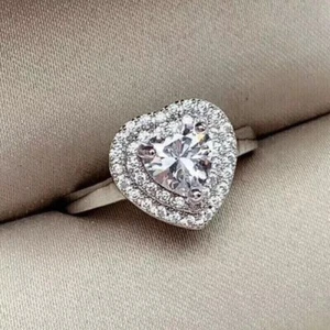 3 CT Heart Cut Real Moissanite Double Halo Engagement Ring 14k White Gold Plated - Picture 1 of 5
