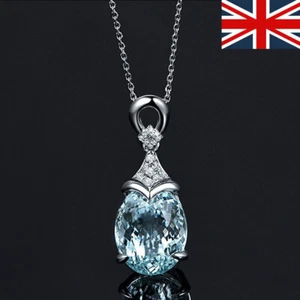 Vintage Gemstone Silver Natural Chain Aquamarine Pendant Necklace Women Jewelry - Picture 1 of 10