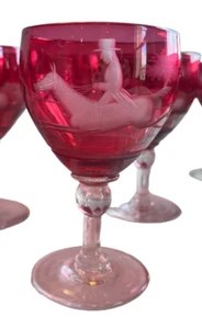 Antique Cranberry Glass Ruby Red Etched Wine Water Goblets Fox Hunt Scene 12 - Picture 1 of 8