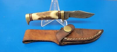 Kinfe Damasco de mármol vintage con mango de ciervo de funda Foto 1 de 4