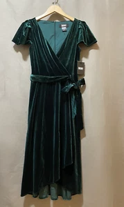 NWT DKNY Women Flutter Short Sleeve Tie Waist Velvet Flare Midi Dress SZ 2 Green - Picture 1 of 14